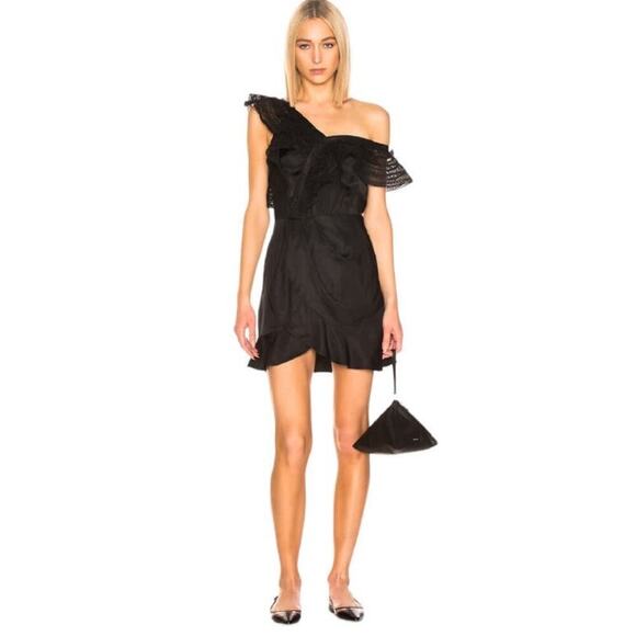 Self-Portrait One Shoulder Guipere Lace Trimmed Black Satin Mini Dress Size 4 - Picture 3 of 14